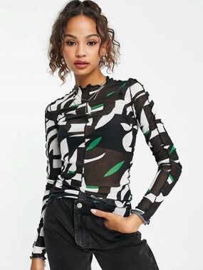 Monki Abstract Print Mesh Long Sleeve Shirt Women’s Size XS-S